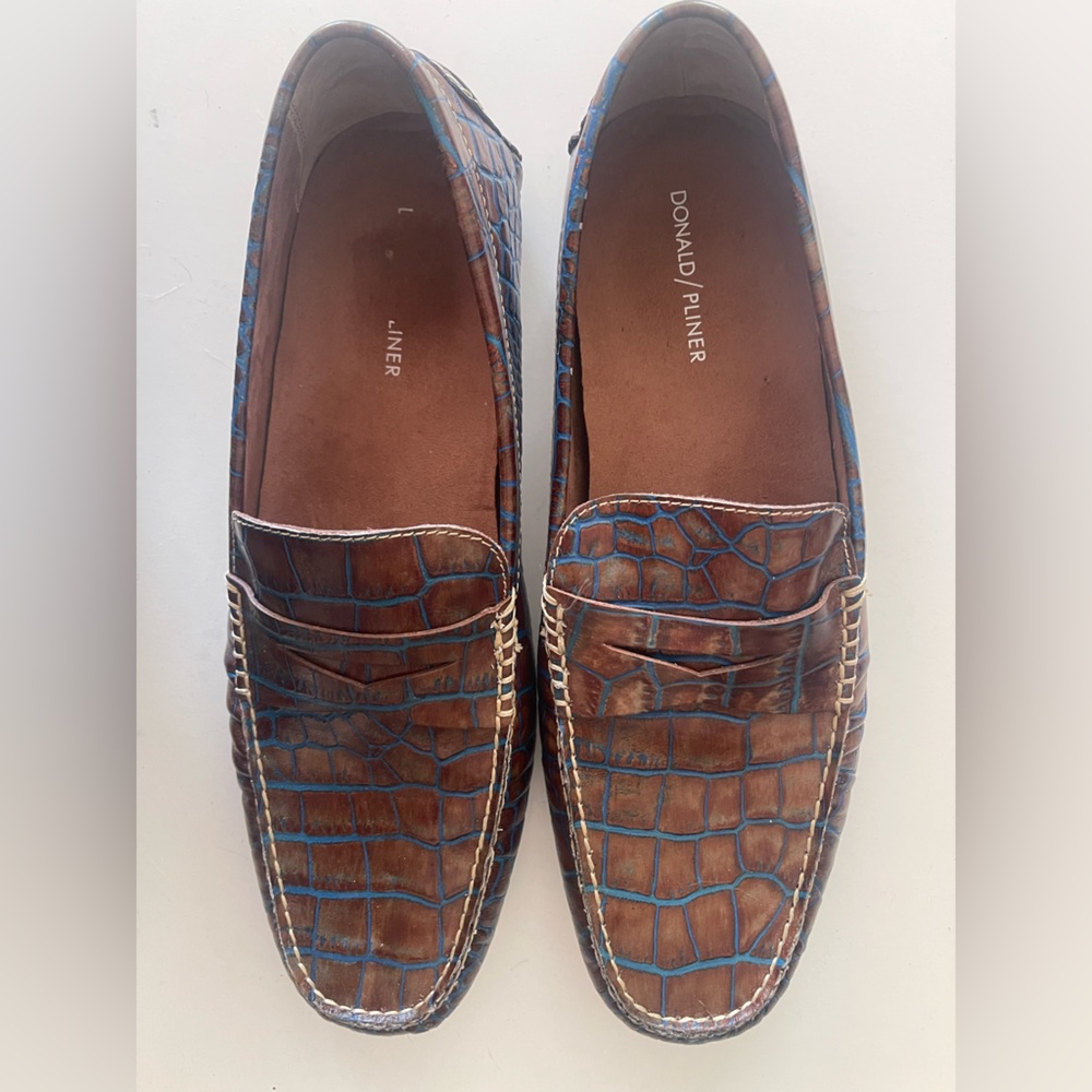 Donald J. Pliner Blue and Brown Crocodile Embossed Loafers